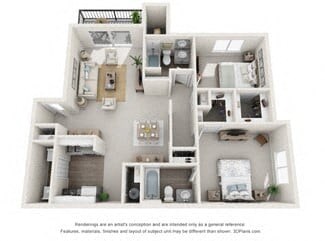 Floor plan for 2 beds, 2 baths, 1020 sqft